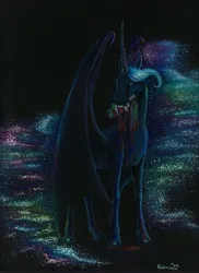 Size: 4437x6102 | Tagged: semi-grimdark, artist:cahandariella, derpibooru import, nightmare moon, princess luna, alicorn, earth pony, monster pony, fanfic:and hell followed, alternate design, bat wings, black background, blood, colored pencil drawing, commission, ethereal mane, fanfic art, fangs, full body, g4, image, jpeg, simple background, traditional art, wings