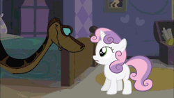 Size: 1920x1080 | Tagged: safe, artist:ocean lover, derpibooru import, edit, vector edit, sweetie belle, pony, python, snake, unicorn, animated, bed, blinking, crossover, disney, female, filly, foal, gif, green eyes, hypno eyes, hypnosis, hypnotized, image, kaa, kaa eyes, looking at you, room, smiling, starry background, swirly eyes, the jungle book, two toned mane, vector, youtube link