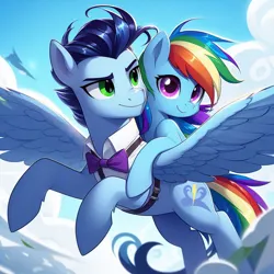 Size: 1024x1024 | Tagged: safe, ai content, derpibooru import, machine learning generated, prompter:*rainbow dash*, rainbow dash, soarin', pony, cloud, cloudy, female, flying, generator:bing image creator, image, jpeg, male, pony on pony action, shipping, soarindash, spread wings, straight, wings