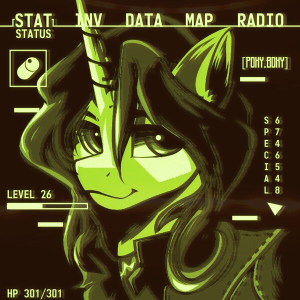 Size: 2400x2400 | Tagged: safe, artist:poxy_boxy, derpibooru import, pony, unicorn, bust, commission, fallout, greenscale, high res, image, jpeg, looking at you, monochrome, smiling, smiling at you, solo, text
