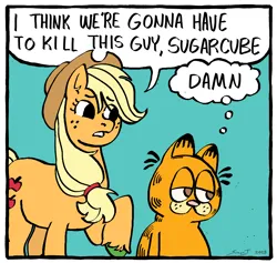 Size: 1900x1800 | Tagged: safe, artist:mokeonn, derpibooru import, applejack, cat, earth pony, pony, blue background, crossover, dialogue, duo, duo male and female, eye clipping through hair, eyebrows, eyebrows visible through hair, female, garfield, i think we're gonna have to kill this guy, image, male, mare, meme, png, simple background, speech bubble, thought bubble, vulgar