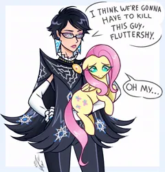 Size: 891x930 | Tagged: safe, artist:j.v_draws, derpibooru import, fluttershy, human, pegasus, pony, bayonetta, bayonetta (character), crossover, dialogue, female, floppy ears, i think we're gonna have to kill this guy, image, jpeg, mare, meme, simple background, witch