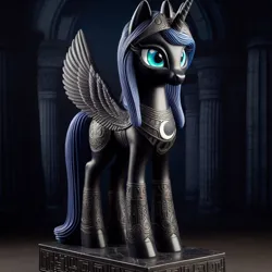 Size: 1024x1024 | Tagged: safe, ai content, derpibooru import, machine learning generated, princess luna, alicorn, pony, column, female, g4, generator:dall-e 3, image, jewelry, mare, obsidian, peytral, png, prompter:tyto4tme4l, regalia, solo, spread wings, statue, wings