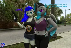 Size: 3192x2160 | Tagged: safe, artist:rainsstudio, derpibooru import, oc, oc:black rain, oc:pentagram, unofficial characters only, alicorn, anthro, plantigrade anthro, 3d, alicorn oc, arm around neck, belly button, big breasts, breasts, cigarette, clothes, desert eagle, duo, female, fingerless gloves, folded wings, frown, gloves, gun, hand on hip, horn, i think we're gonna have to kill this guy, image, meme, nexgen, open mouth, pants, png, rule 63, shirt, short shirt, shorts, smoking, socks, source filmmaker, stockings, thigh highs, weapon, wings