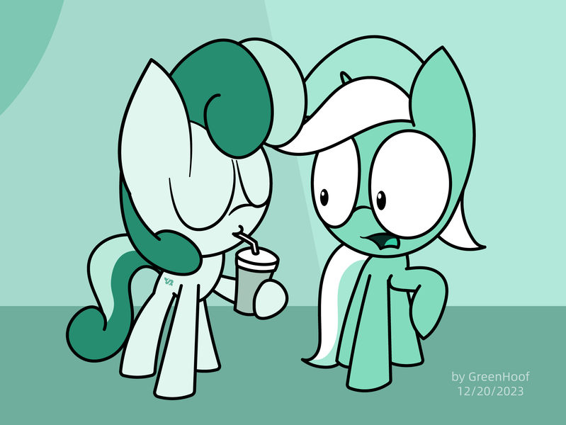 Size: 1920x1441 | Tagged: safe, artist:greenhoof, derpibooru import, bon bon, lyra heartstrings, sweetie drops, earth pony, pony, unicorn, comic, drink, drinking, image, png, silly, silly lyra, style emulation, vector
