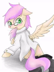 Size: 480x640 | Tagged: safe, artist:azurepicker, derpibooru import, human, pegasus, pony, clothes, floppy ears, glasses, human to pony, image, jpeg, looking back, pants, ripping clothes, shirt, simple background, sitting, transformation, white background