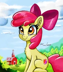 Size: 2480x2817 | Tagged: safe, artist:user-fox, derpibooru import, apple bloom, scootaloo, sweetie belle, earth pony, pony, apple bloom's bow, barn, bow, chest fluff, cloud, cute, cutie mark crusaders, day, ear fluff, farm, female, filly, foal, g4, grass, hair bow, image, looking at you, outdoors, png, signature, sitting, smiling