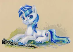 Size: 1415x1000 | Tagged: safe, artist:maytee, derpibooru import, shining armor, pony, unicorn, clarinet, colored pencil drawing, image, lying down, musical instrument, oboe, png, prone, solo, traditional art