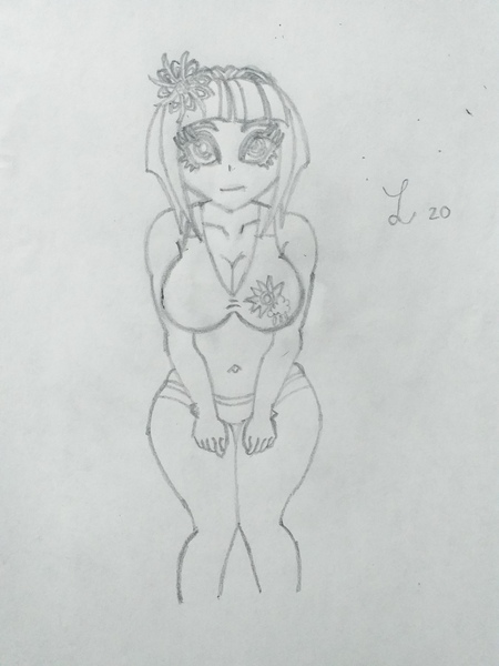 Size: 3096x4128 | Tagged: suggestive, artist:l20, derpibooru import, sunny flare, equestria girls, breasts, clothes, female, image, jpeg, looking at you, smiling, swimsuit, traditional art