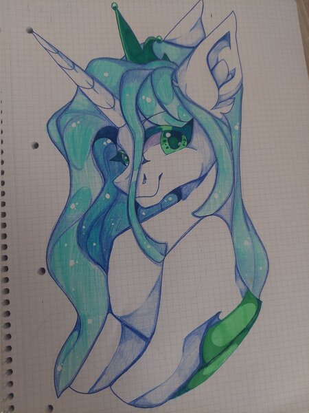 Size: 1536x2048 | Tagged: safe, artist:tessa_key_, derpibooru import, queen chrysalis, changedling, changeling, bust, changedling queen, graph paper, image, jpeg, looking at you, purified chrysalis, smiling, smiling at you, solo, traditional art