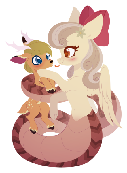 Size: 2573x3500 | Tagged: safe, artist:belka-sempai, derpibooru import, oc, oc:northlight, oc:peach blossom, unofficial characters only, deer, lamia, original species, pony, antlers, bow, duo, duo male and female, female, flower, flower in hair, hair bow, hug, image, male, mare, oc x oc, png, shipping, simple background, stallion, tail, tail hug, transparent background, unshorn fetlocks, wings