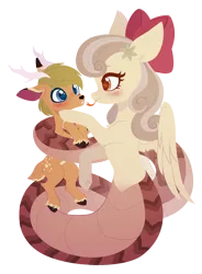 Size: 2573x3500 | Tagged: safe, artist:belka-sempai, derpibooru import, oc, oc:northlight, oc:peach blossom, unofficial characters only, deer, lamia, original species, pony, antlers, bow, duo, duo male and female, female, flower, flower in hair, hair bow, hug, image, male, mare, oc x oc, png, shipping, simple background, stallion, tail, tail hug, transparent background, unshorn fetlocks, wings