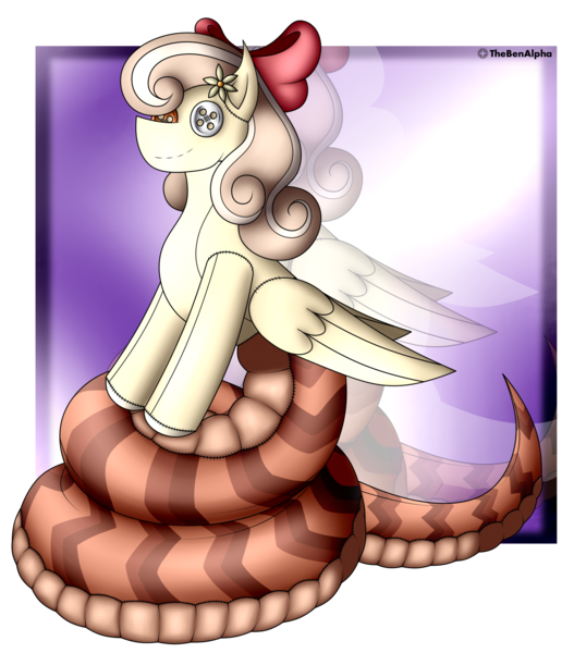 Size: 1999x2278 | Tagged: safe, artist:thebenalpha, derpibooru import, oc, oc:peach blossom, lamia, original species, plush pony, pony, bow, button, button eyes, doll, flower, flower in hair, hair bow, image, plushie, png, reflection, solo, toy, wings