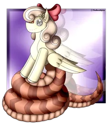 Size: 1999x2278 | Tagged: safe, artist:thebenalpha, derpibooru import, oc, oc:peach blossom, lamia, original species, plush pony, pony, bow, button, button eyes, doll, flower, flower in hair, hair bow, image, plushie, png, reflection, solo, toy, wings