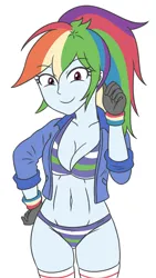 Size: 1607x2854 | Tagged: suggestive, artist:sumin6301, derpibooru import, rainbow dash, human, equestria girls, 2d, belly button, breasts, busty rainbow dash, cleavage, clothes, female, g4, gloves, image, jacket, jpeg, legs, long sleeves, looking at you, midriff, panties, ponytail, simple background, smiling, socks, solo, striped bra, striped panties, striped underwear, thigh highs, underwear, white background, wrist cuffs