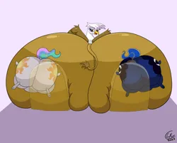 Size: 4000x3215 | Tagged: suggestive, artist:lukewarmluke, derpibooru import, gilda, princess celestia, princess luna, alicorn, gryphon, both cutie marks, butt, butt squish, clothes, digital art, ethereal tail, fat, female, flat, flattened, huge butt, hyper, hyper butt, image, impossibly large butt, large butt, morbidly obese, obese, png, see-through, simple background, squashing, squished, tail, throne, wings