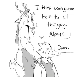 Size: 2936x2966 | Tagged: safe, artist:flow, derpibooru import, discord, draconequus, belly, dialogue, duo, hand on shoulder, i think we're gonna have to kill this guy, image, jpeg, meme, monochrome, sweat, sweatdrop
