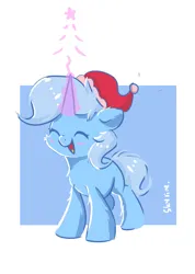 Size: 566x795 | Tagged: safe, artist:skylinepony_, derpibooru import, trixie, pony, unicorn, blushing, christmas, cute, diatrixes, eyes closed, female, g4, glow, glowing horn, hat, holiday, horn, image, magic, magic aura, mare, open mouth, open smile, png, santa hat, smiling, solo