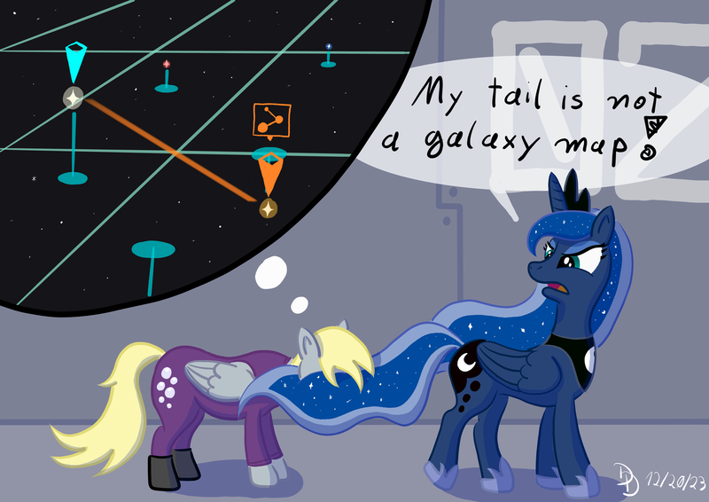 Size: 1600x1132 | Tagged: safe, artist:darkdabula, derpibooru import, derpy hooves, princess luna, crossover, elite dangerous, image, png, standing