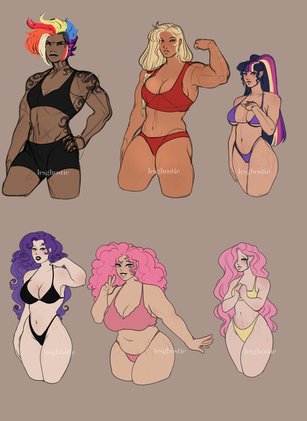 Size: 1636x2248 | Tagged: safe, artist:lesghostie, derpibooru import, applejack, fluttershy, pinkie pie, rainbow dash, rarity, twilight sparkle, human, abs, alternate hairstyle, armpits, belly button, black underwear, body hair, bra, breasts, brown background, busty pinkie pie, busty twilight sparkle, chubby, clothes, dark skin, diverse body types, ear piercing, earring, elf ears, eyeshadow, female, flexing, freckles, grin, hair over one eye, headcanon, headcanon in the description, humanized, image, jewelry, lip piercing, lipstick, makeup, mane six, muscles, nose piercing, nose ring, one eye closed, panties, peace sign, piercing, pink underwear, png, ponytail, purple underwear, red underwear, scar, simple background, smiling, sports bra, stretchmarks, tattoo, underwear, wall of tags, wink, yellow underwear