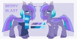 Size: 4096x2091 | Tagged: safe, artist:cheekipone, ponerpics import, oc, oc:berry blast, unofficial characters only, bat pony, pony, clothes, ear tufts, female, image, jpeg, mare, reference sheet, scarf, simple background, sweater, unshorn fetlocks