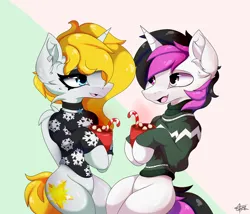 Size: 2800x2400 | Tagged: safe, artist:starmaster, derpibooru import, oc, oc:shiningsilverdiamond, oc:sparkling wish, alicorn, pony, cheek fluff, christmas, clothes, ear fluff, food, happy, holiday, image, looking at each other, looking at someone, marshmallow, merry christmas, png, sitting, sweater, talking, wings
