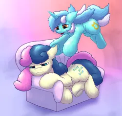 Size: 1978x1877 | Tagged: safe, artist:gosha305, derpibooru import, bon bon, lyra heartstrings, sweetie drops, earth pony, pony, unicorn, adorabon, blushing, cheek fluff, chest fluff, couch, cute, duo, ear fluff, female, fluffy, g4, gradient background, horn, image, incoming hug, jumping, lesbian, lying down, lyrabetes, lyrabon, mare, multicolored hair, open mouth, png, pounce, prone, shipping, smiling, tired, underhoof
