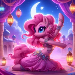 Size: 1024x1024 | Tagged: safe, ai content, derpibooru import, machine learning generated, prompter:princessoflovepinkyt, pinkie pie, earth pony, pony, belly dancer outfit, crescent moon, cute, image, jpeg, moon, night