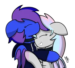 Size: 2537x2322 | Tagged: safe, artist:japkozjad, derpibooru import, oc, oc:dreamy way, oc:nightstaroc, bat pony, bat pony oc, bat wings, clothes, eyes closed, female, hoodie, hug, image, kissing, png, wings