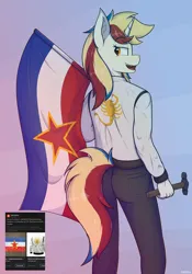 Size: 2800x4000 | Tagged: safe, artist:marusya, derpibooru import, oc, oc:vega pakhomenko, anthro, unicorn, clothes, drive, ear fluff, hammer, image, jacket, png, simple background, solo, yugoslavia