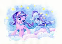 Size: 1694x1200 | Tagged: safe, artist:maytee, derpibooru import, starlight glimmer, trixie, pony, unicorn, cloud, colored pencil drawing, duo, image, magic, png, stars, traditional art