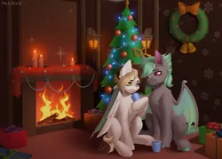 Size: 2800x2000 | Tagged: safe, artist:villjulie, derpibooru import, oc, unofficial characters only, bat pony, pegasus, pony, bat pony oc, bat wings, candle, christmas, christmas tree, christmas wreath, fire, fireplace, holiday, hug, image, pegasus oc, png, present, tree, winghug, wings, wreath