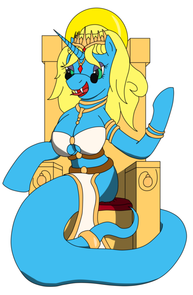 Size: 2145x3266 | Tagged: safe, artist:timejumper, derpibooru import, oc, oc:hypnotic dreams, unofficial characters only, lamia, original species, unicorn, series:gaia 10k, arkado sardaukar, bra, clothes, crown, glasses, gold, image, jewelry, loincloth, png, regalia, sunglasses, throne, underwear