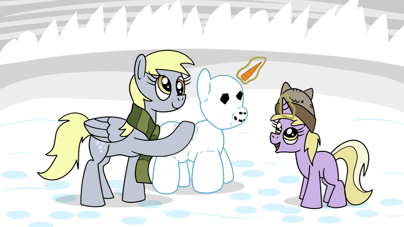 Size: 1920x1080 | Tagged: safe, artist:platinumdrop, derpibooru import, derpy hooves, dinky hooves, beanie, carrot, clothes, commission, food, happy, hat, image, levitation, magic, png, scarf, snow, snowpony, telekinesis