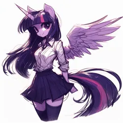 Size: 2048x2048 | Tagged: safe, ai content, derpibooru import, machine learning generated, prompter:krivovyaz, twilight sparkle, twilight sparkle (alicorn), alicorn, anthro, g4, clothes, female, generator:bing image creator, high res, image, miniskirt, png, simple background, skirt, socks, solo, stockings, thigh highs, white background