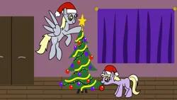 Size: 1920x1080 | Tagged: safe, artist:platinumdrop, derpibooru import, derpy hooves, dinky hooves, christmas, christmas tree, commission, flying, hearth's warming eve, holiday, image, mouth hold, png, smiling, tree