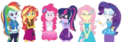 Size: 2223x750 | Tagged: safe, artist:ponyparodycontent, derpibooru import, edit, edited screencap, screencap, fluttershy, pinkie pie, rainbow dash, rarity, sci-twi, sunset shimmer, twilight sparkle, equestria girls, background removed, clothes, eyes closed, eyeshadow, hoodie, image, jacket, makeup, not a vector, png, rarity peplum dress, shirt, simple background, skirt, tanktop, transparent background