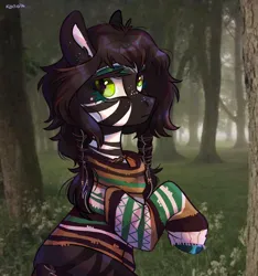 Size: 3000x3200 | Tagged: safe, artist:k0potb, derpibooru import, oc, unofficial characters only, pony, zebra, bow, clothes, colored, cute, eyebrows, female, forest, forest background, green eyes, hair bow, hooves, image, looking at you, makeup, nature, png, quadrupedal, serious, serious face, signature, solo, sweater, tree