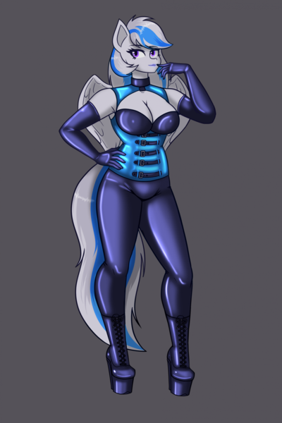 Size: 1567x2351 | Tagged: suggestive, artist:creatorworld, derpibooru import, oc, oc:lady lightning strike, anthro, pegasus, anthro oc, blue lipstick, breasts, cleavage, clothes, corset, eyelashes, feathered wings, female oc, gloves, gray coat, image, latex, latex boots, latex gloves, latex suit, lips, lipstick, long gloves, looking at you, pants, pegasus oc, pegasus wings, platform boots, png, pose, purple eyes, skintight clothes, solo, tail, two toned hair, two toned tail, wings