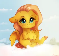Size: 2398x2240 | Tagged: safe, artist:miokomata, derpibooru import, fluttershy, pegasus, pony, cloud, cute, daaaaaaaaaaaw, female, floppy ears, freckles, freckleshy, high res, image, looking at you, mare, missing cutie mark, on a cloud, png, shyabetes, signature, sitting, sitting on cloud, solo