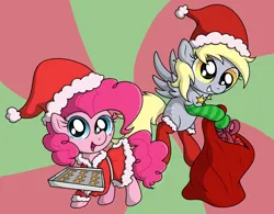 Size: 4158x3246 | Tagged: safe, artist:background basset, derpibooru import, derpy hooves, gingerbread, pinkie pie, earth pony, pegasus, pony, abstract background, christmas, clothes, cookie, dress, food, hat, holiday, image, open mouth, png, present, santa hat, smiling, socks