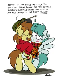 Size: 1638x2121 | Tagged: safe, artist:bobthedalek, derpibooru import, oc, oc:bubble pump, oc:clippy ticket, unofficial characters only, earth pony, pegasus, pony, bipedal, blushing, boop, clothes, dancing, ear piercing, earring, embarrassed, female, hat, image, jewelry, kiss mark, lipstick, male, mare, mistletoe, noseboop, piercing, png, spread wings, stallion, sweater, wings