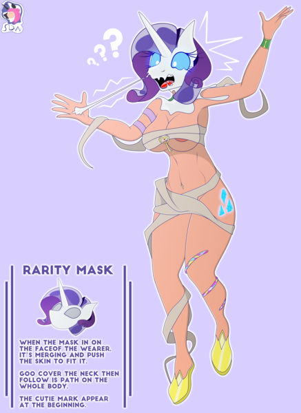 Size: 2457x3375 | Tagged: questionable, artist:skyspeardraw, derpibooru import, part of a set, rarity, oc, anthro, goo, human, unicorn, ankh, bandage, big breasts, breasts, busty oc, curly hair, female, hips, horn, human to anthro, image, liquid latex, mask, nipples, nudity, open mouth, png, possession, purple hair, question mark, text, thighs, transformation, unicorn horn, waist, wide eyes