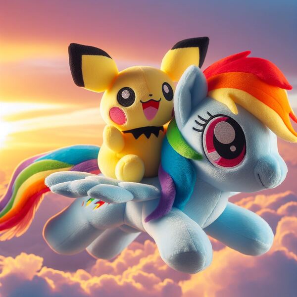 Size: 1024x1024 | Tagged: safe, ai content, derpibooru import, machine learning generated, prompter:morishy1000, rainbow dash, pegasus, pichu, pony, duo, female, flying, g4, image, jpeg, mare, plushie, pokémon