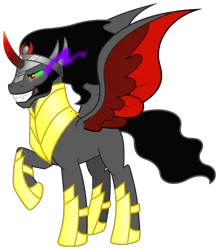 Size: 3561x4071 | Tagged: safe, artist:mlgtrap, derpibooru import, king sombra, alicorn, armor, evil grin, golden armor, green eyes, grin, horn, image, png, red horn, smiling, tail, wavy mane, wavy tail