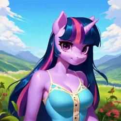 Size: 3072x3072 | Tagged: suggestive, ai content, derpibooru import, machine learning generated, twilight sparkle, anthro, unicorn, adorasexy, beautisexy, clothes, cute, dress, field, flower, g4, grass, grass field, hill, image, jpeg, long hair, looking at you, mountain, prompter:frw, river, sexy, smiling, solo, water