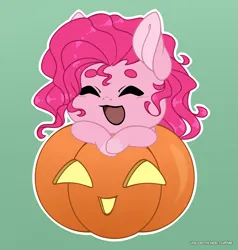Size: 1428x1500 | Tagged: safe, artist:volodyanocturne, derpibooru import, pinkie pie, earth pony, pony, chibi, commission, crossed hooves, eyebrows, eyes closed, g4, halloween, holiday, image, jack-o-lantern, open mouth, pink coat, pink hair, png, pumpkin, simple background, solo, ych result