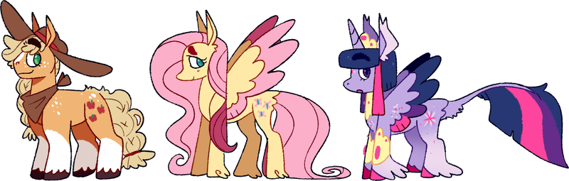 Size: 1280x408 | Tagged: safe, artist:goatpaste, derpibooru import, applejack, fluttershy, twilight sparkle, alicorn, earth pony, pegasus, pony, alternate design, image, png, simple background, trio, twitterina design, white background