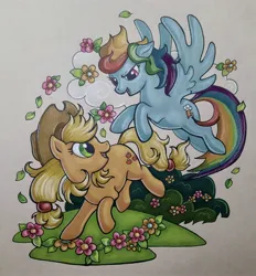 Size: 2886x3109 | Tagged: safe, artist:xenotropos, derpibooru import, applejack, rainbow dash, earth pony, pegasus, pony, appledash, applejack's hat, cloud, colored pencil drawing, cowboy hat, female, flower, flying, g4, hat, image, jpeg, lesbian, looking at each other, looking at someone, looking back, mare, marker drawing, open mouth, photo, shipping, simple background, tan background, traditional art