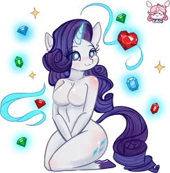 Size: 1941x1975 | Tagged: suggestive, artist:cottonheart05, derpibooru import, rarity, anthro, unguligrade anthro, barbie doll anatomy, breasts, busty rarity, eye clipping through hair, featureless breasts, female, g4, gemstones, image, kneeling, magic, nudity, png, simple background, smiling, solo, telekinesis, transparent background